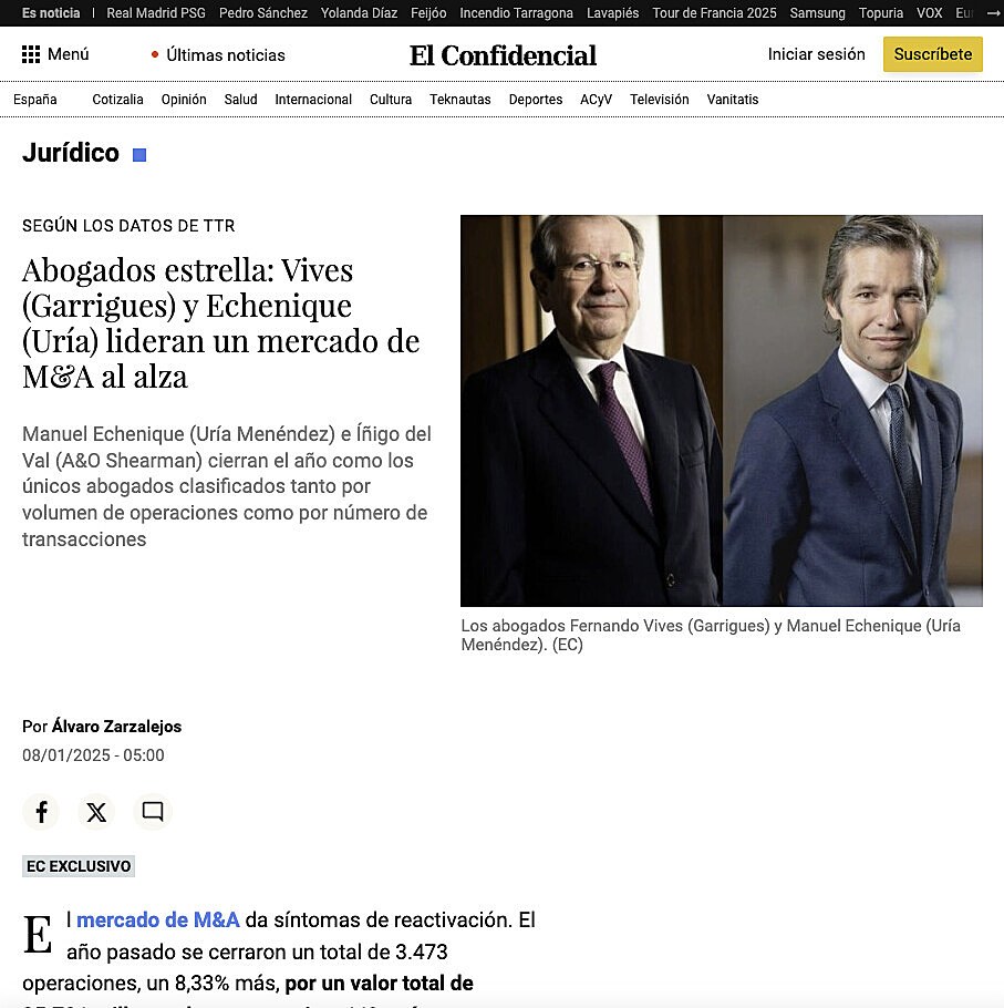 Abogados estrella: Vives (Garrigues) y Echenique (Ura) lideran un mercado de M&A al alza